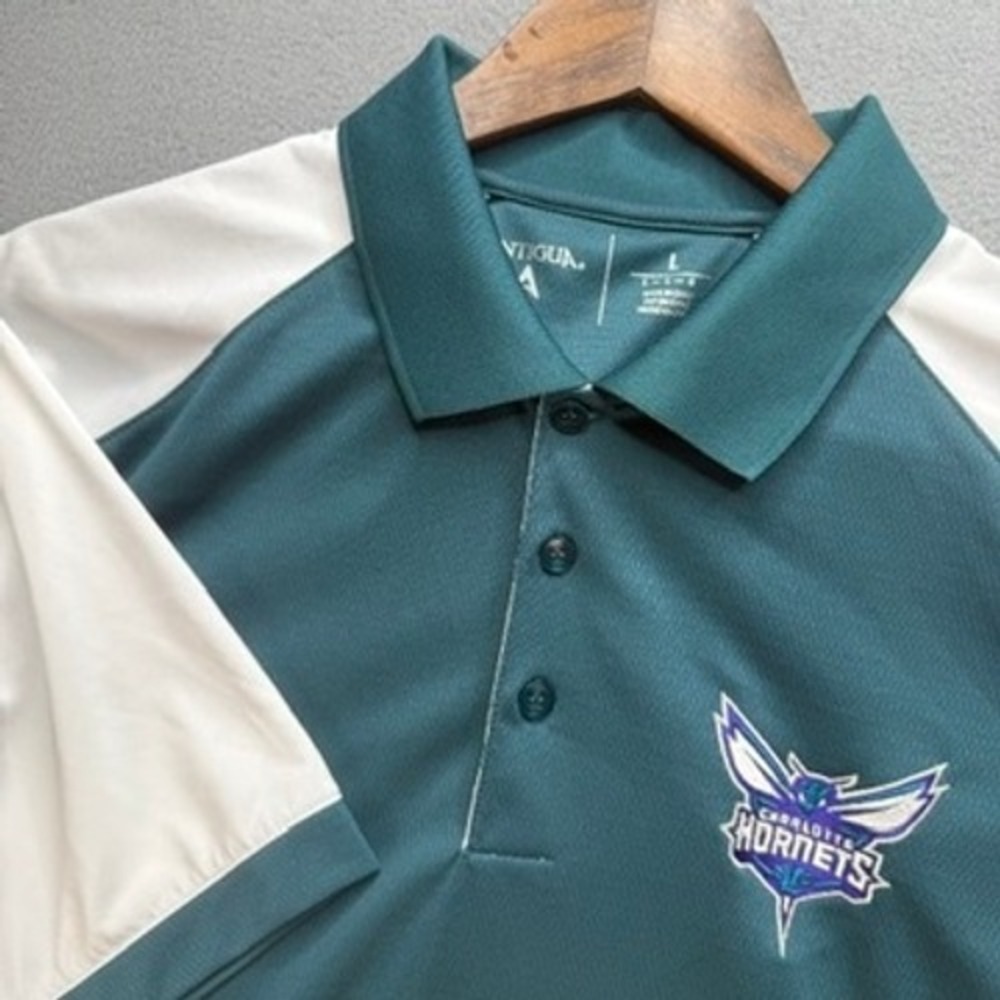 Antigua Charlotte Hornets Polo Shirt Mens L Teal White NBA Basketball Sportswear